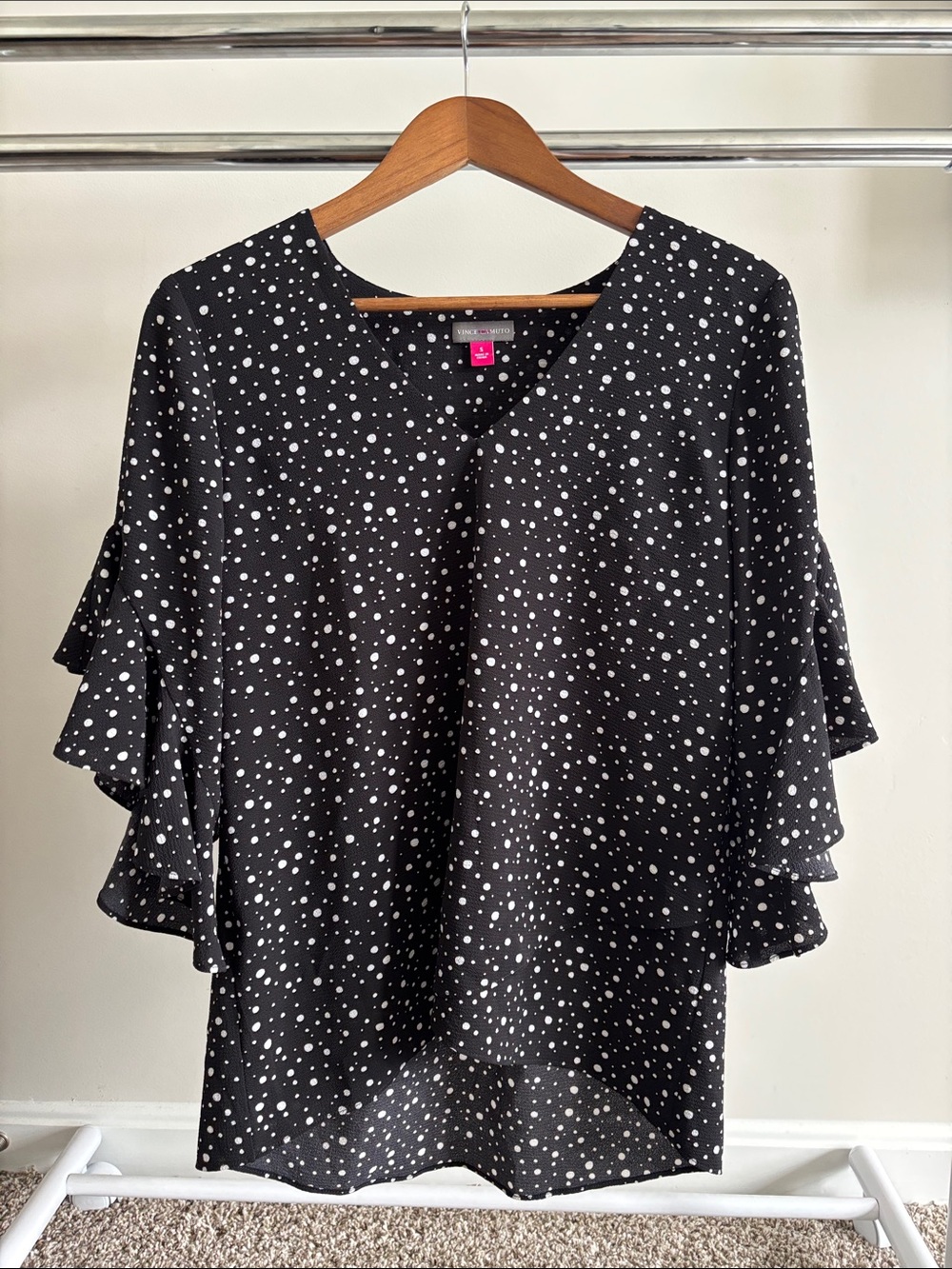 Vince Camuto Black with White Polka Dot Ruffle Sleeve V-Neck Blouse